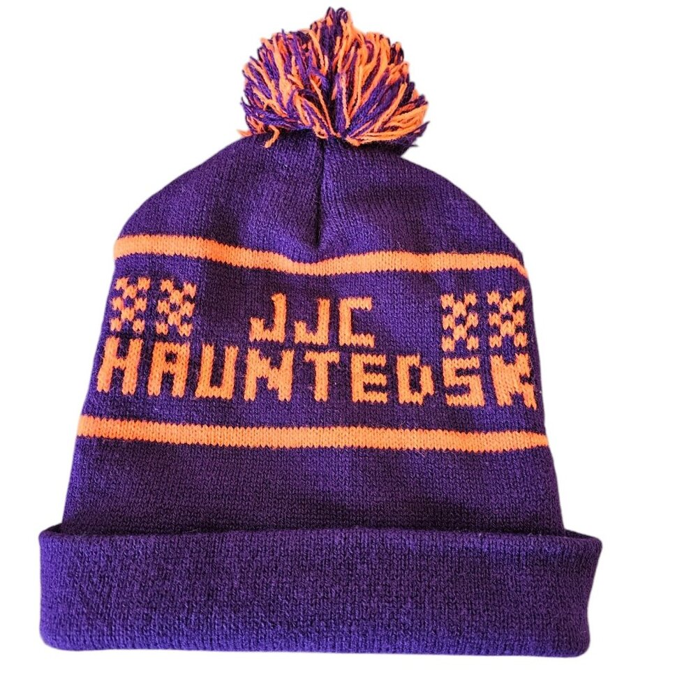 Retro Style Pom Beanie Stocking Hat JCC Haunted 5K Run Joliet Jr College Purple
